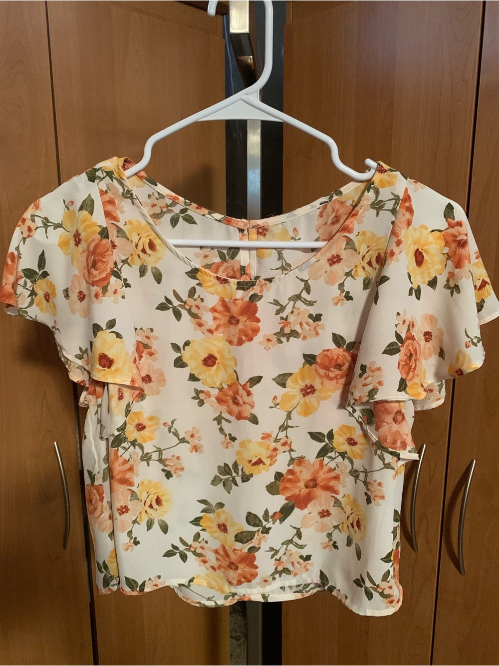 Floral Flutter Sleeve Top - Cream with Yellow & Orange Flowers